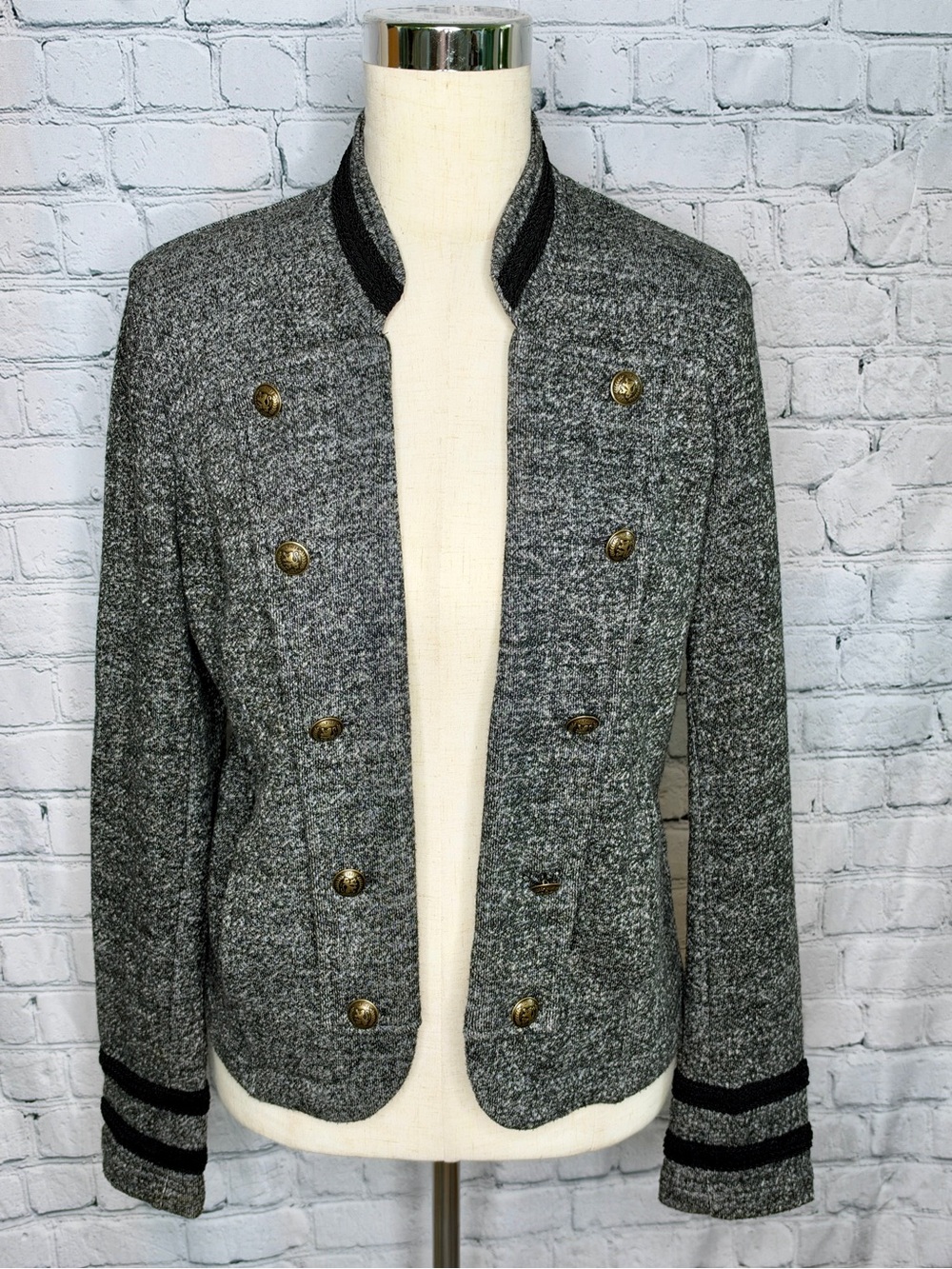 Tommy Hilfiger Military Jacket Gray Black Gold Button Knit Blazer Small